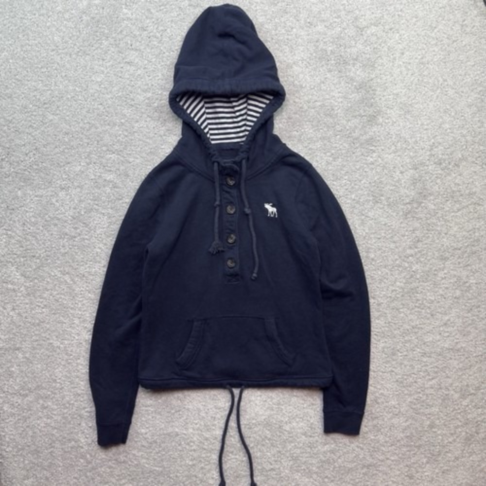 Abercrombie & Fitch Henley Hoodie Women Medium Navy Blue Striped Hood Moose Logo